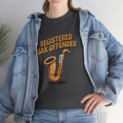 Model in denim jacket wearing dark grey Registered Sax Offender saxophone shirt – casual funny music parody tee.