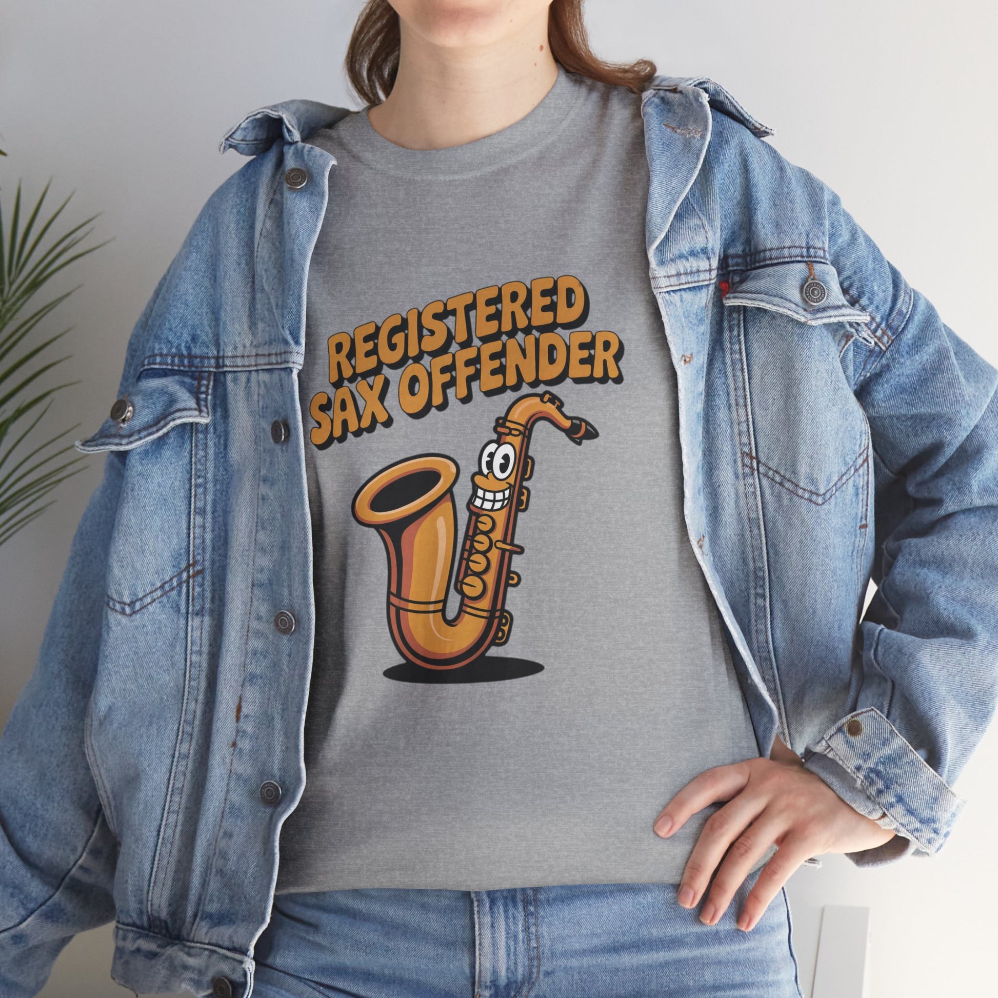Model in denim jacket wearing grey Registered Sax Offender saxophone shirt – casual novelty parody music tee.
