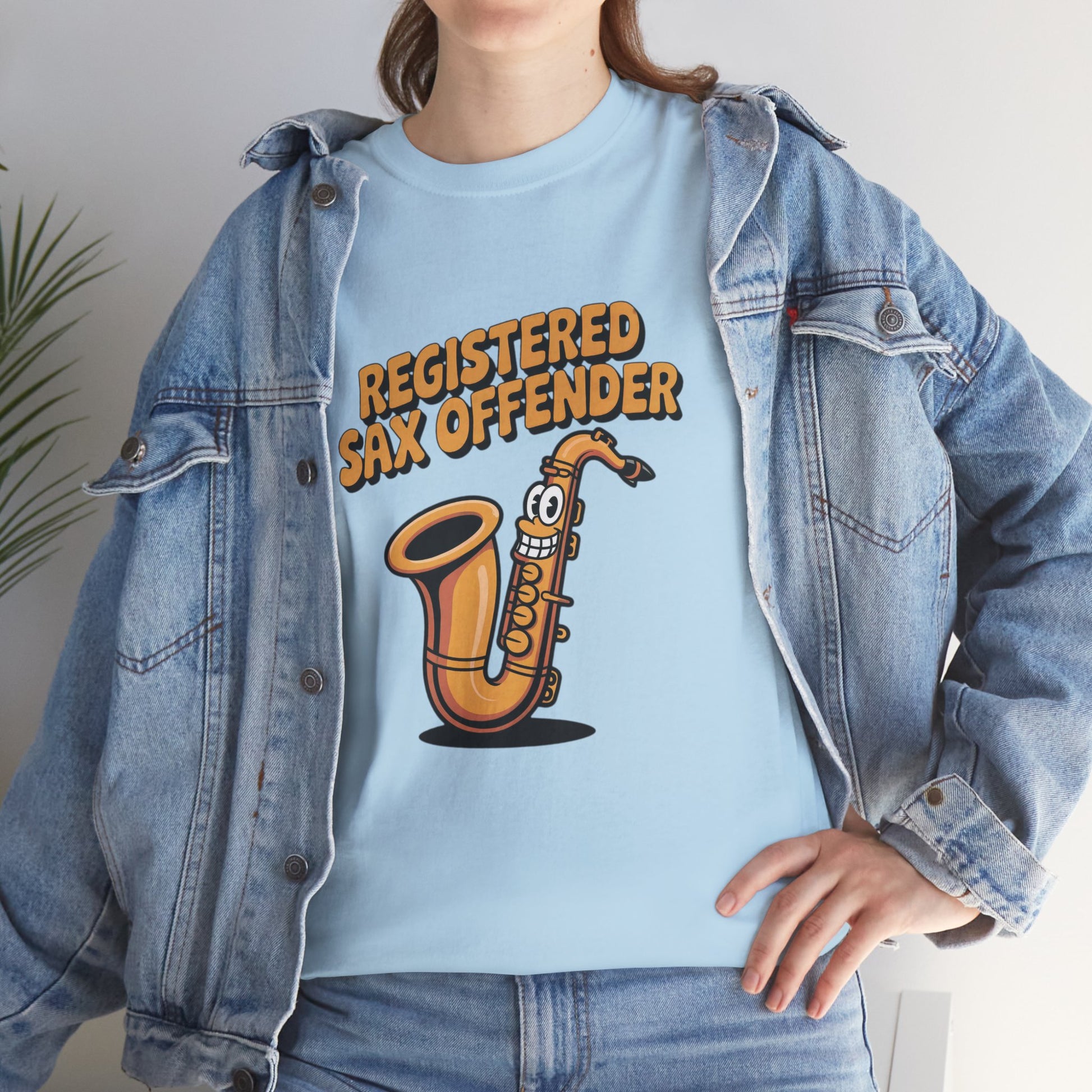 Model in denim jacket wearing light blue Registered Sax Offender saxophone shirt – casual funny parody music tee.