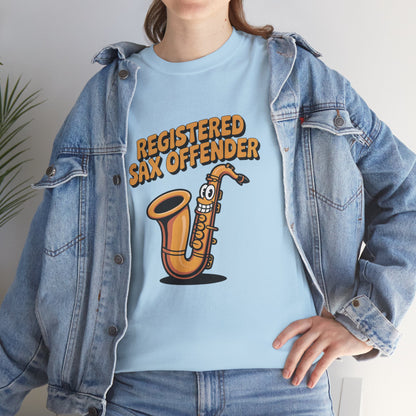 Model in denim jacket wearing light blue Registered Sax Offender saxophone shirt – casual funny parody music tee.