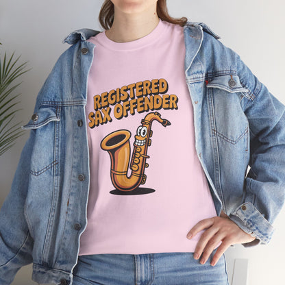Model in denim jacket wearing pink Registered Sax Offender saxophone shirt – casual parody music graphic tee.