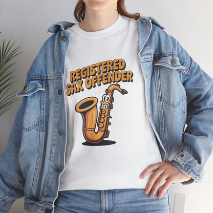 Model in denim jacket wearing white Registered Sax Offender saxophone shirt – casual novelty parody tee.