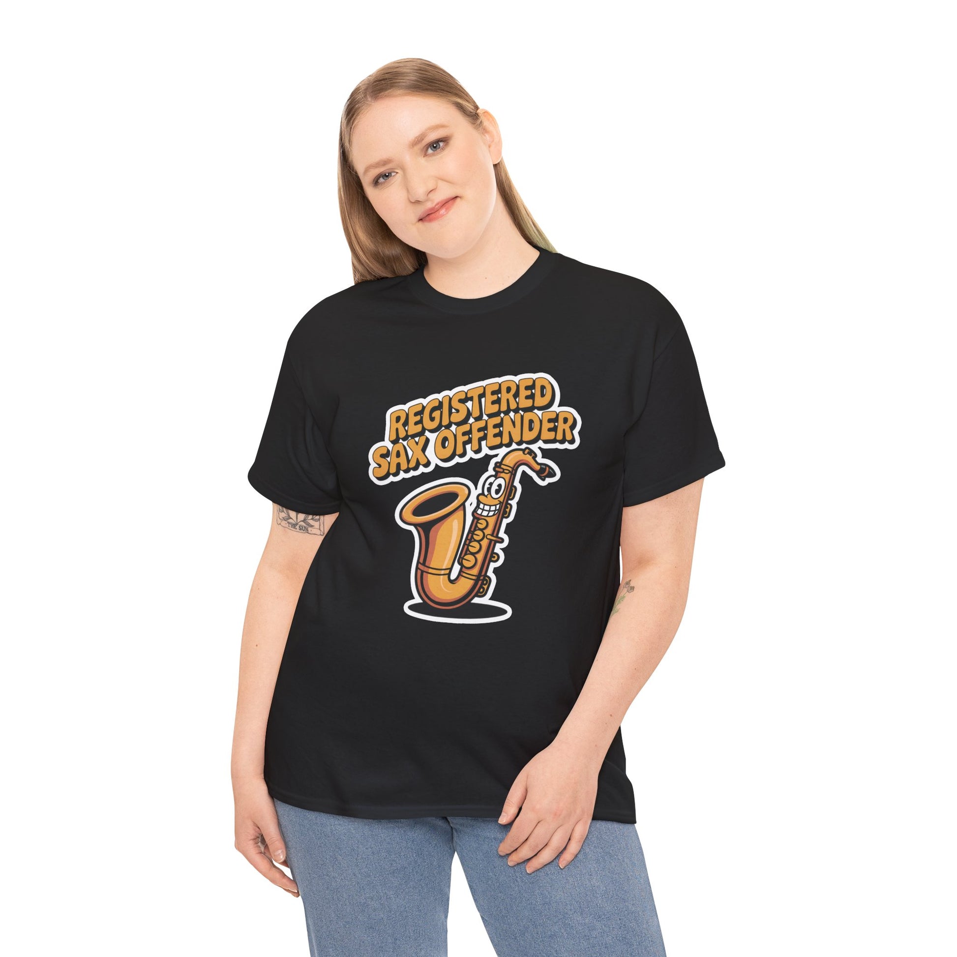 Model wearing black Registered Sax Offender t-shirt – funny saxophone parody graphic tee.