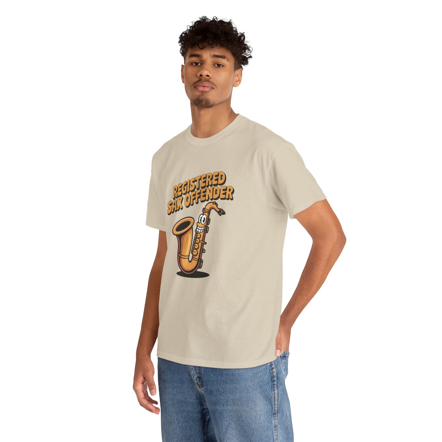 Model wearing cream Registered Sax Offender t-shirt – funny saxophone parody tee.