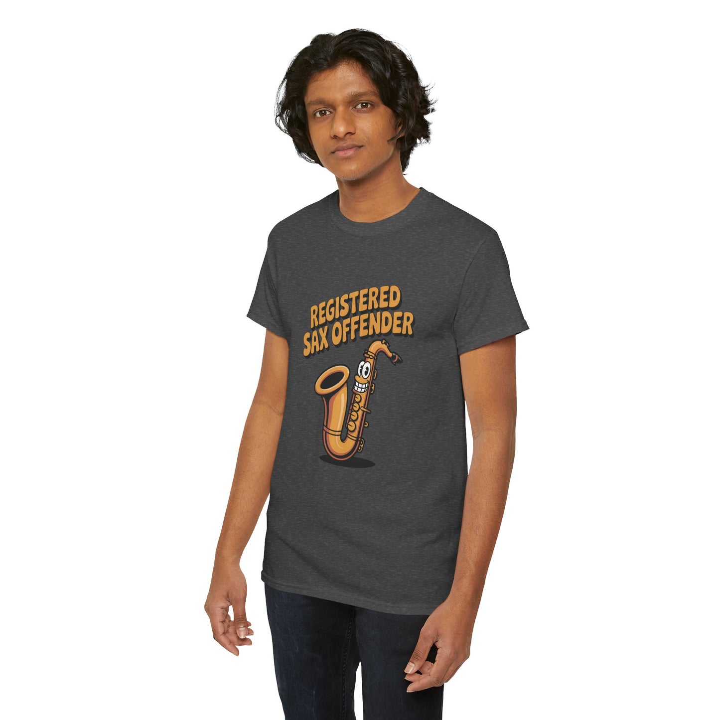 Model wearing dark grey Registered Sax Offender t-shirt – funny saxophone parody graphic tee.