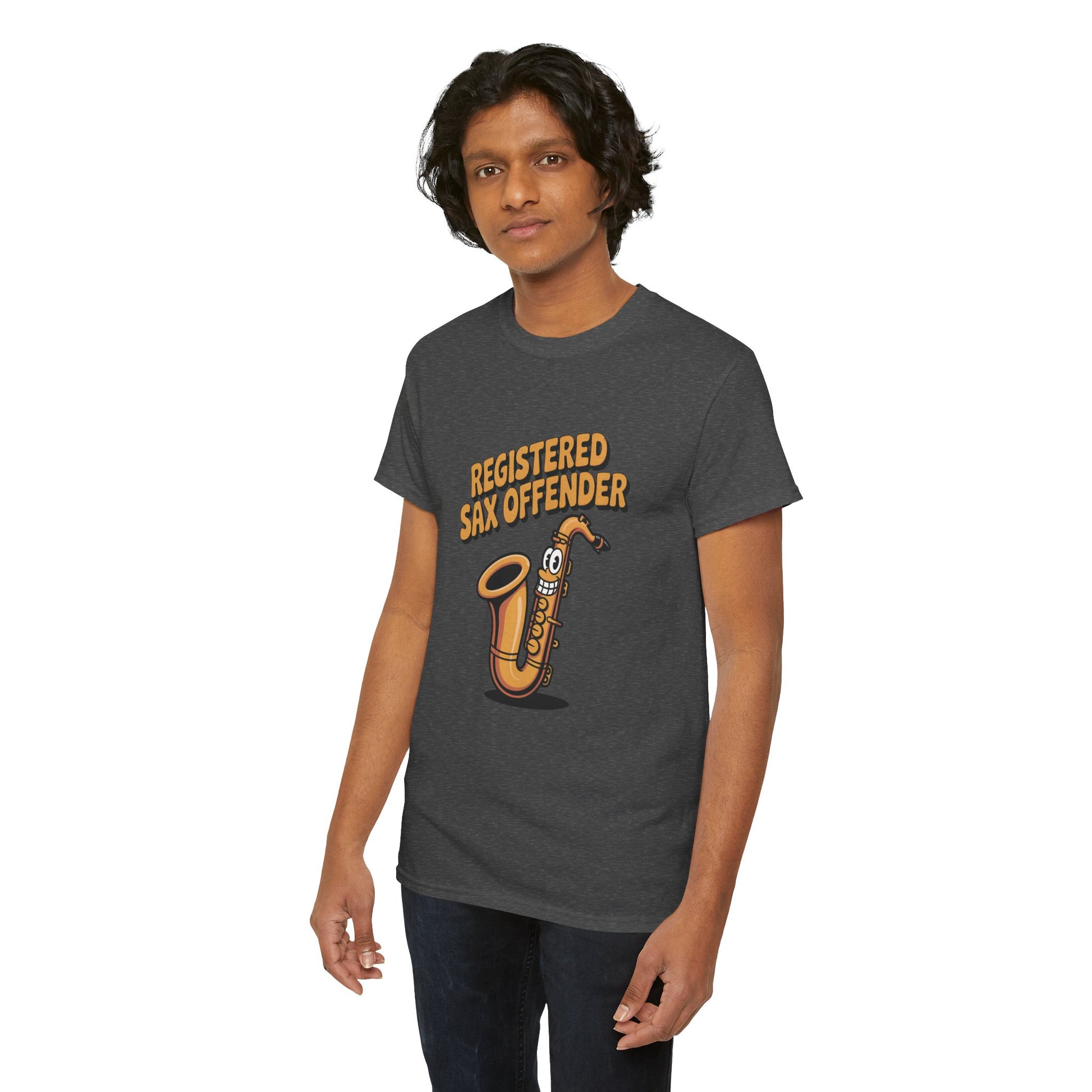 Model wearing dark grey Registered Sax Offender t-shirt – funny saxophone parody graphic tee.