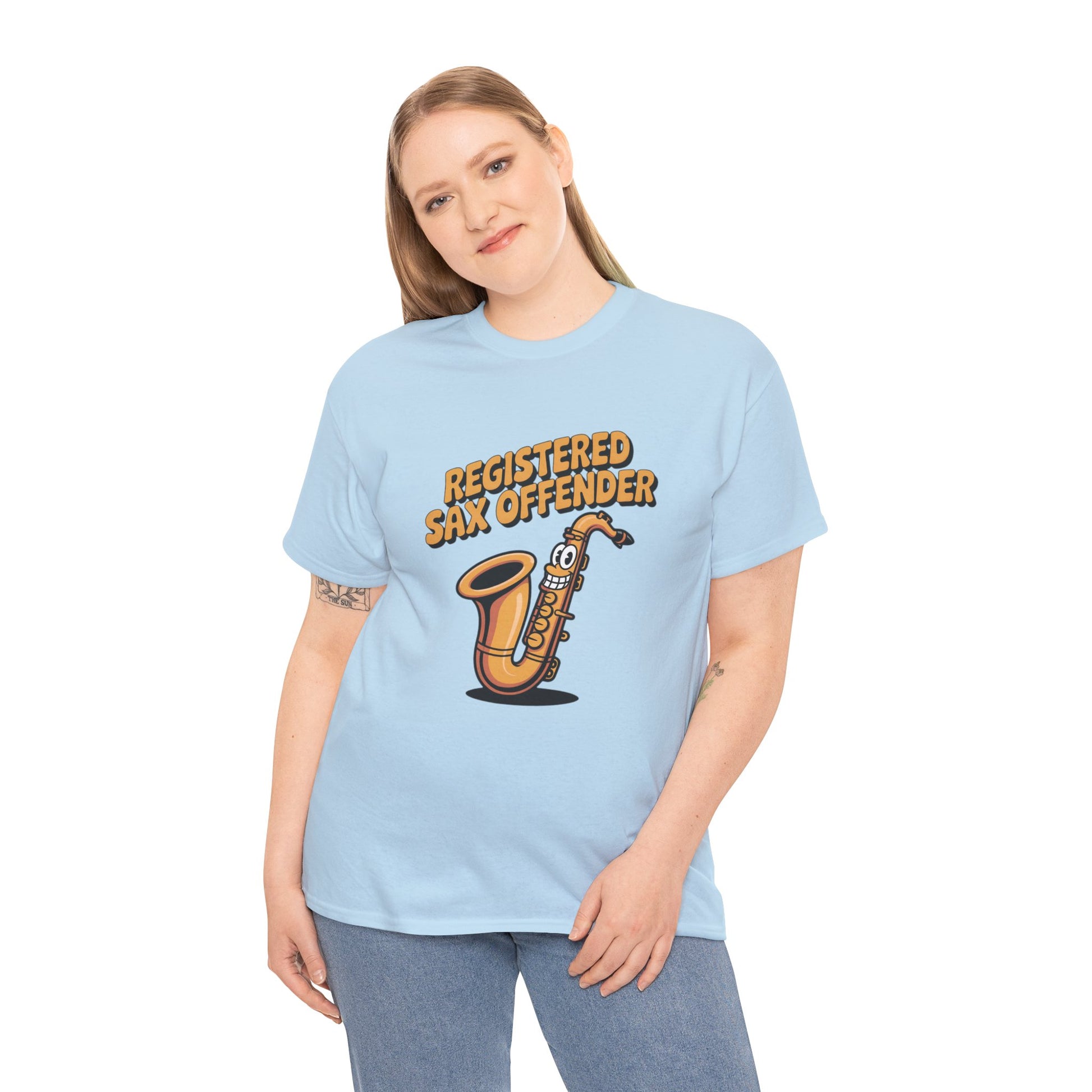 Model wearing light blue Registered Sax Offender t-shirt – funny saxophone parody graphic tee.