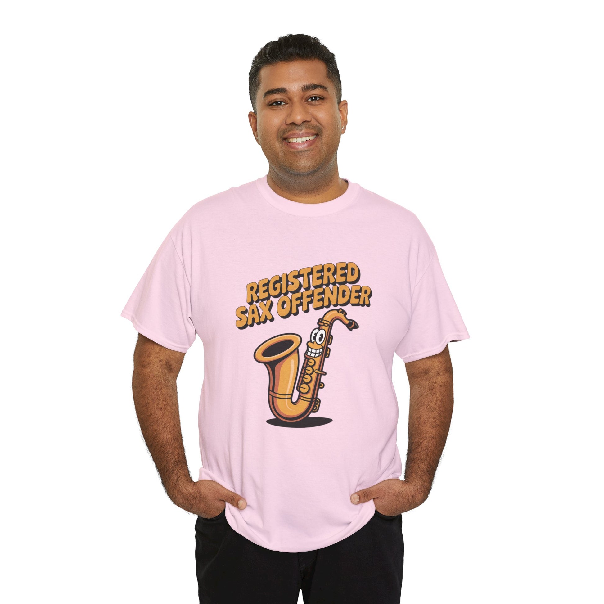 Model wearing pink Registered Sax Offender t-shirt – funny saxophone parody tee.