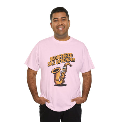 Model wearing pink Registered Sax Offender t-shirt – funny saxophone parody tee.