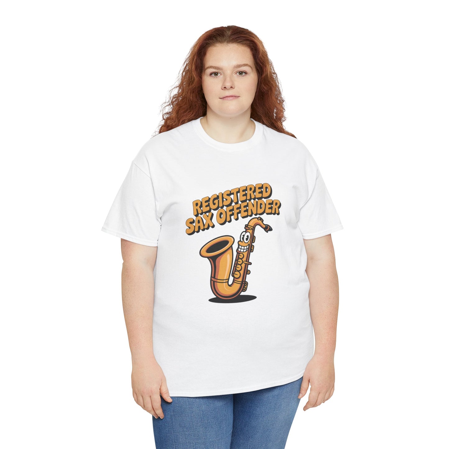 Model wearing white Registered Sax Offender t-shirt – funny saxophone parody tee.