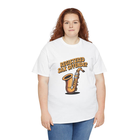 Model wearing white Registered Sax Offender t-shirt – funny saxophone parody tee.