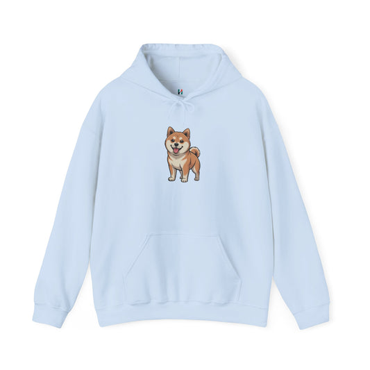 Flat lay of light blue Shiba Inu dog graphic hoodie – novelty funny dog lover sweatshirt.