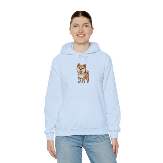 Model wearing light blue Shiba Inu dog graphic hoodie – cute pet lover sweatshirt.