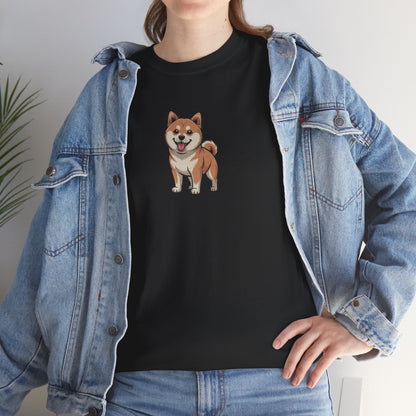Model in blue denim jacket wearing black Shiba Inu dog graphic shirt – casual cute pet tee.