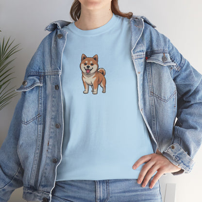 Model in blue denim jacket wearing light blue Shiba Inu dog graphic shirt – casual dog lover t-shirt.
