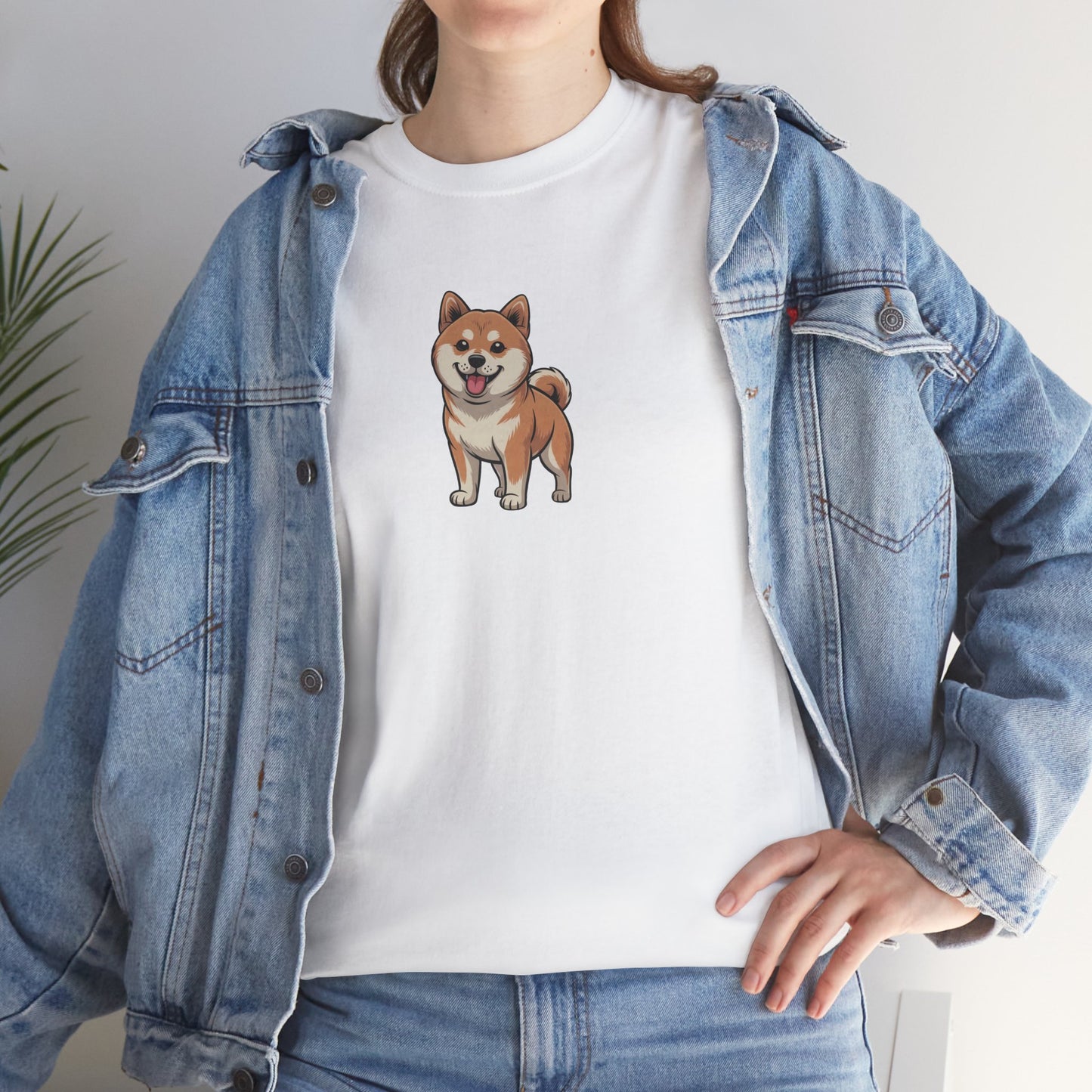 Model in blue denim jacket wearing white Shiba Inu dog graphic shirt – casual dog lover outfit.