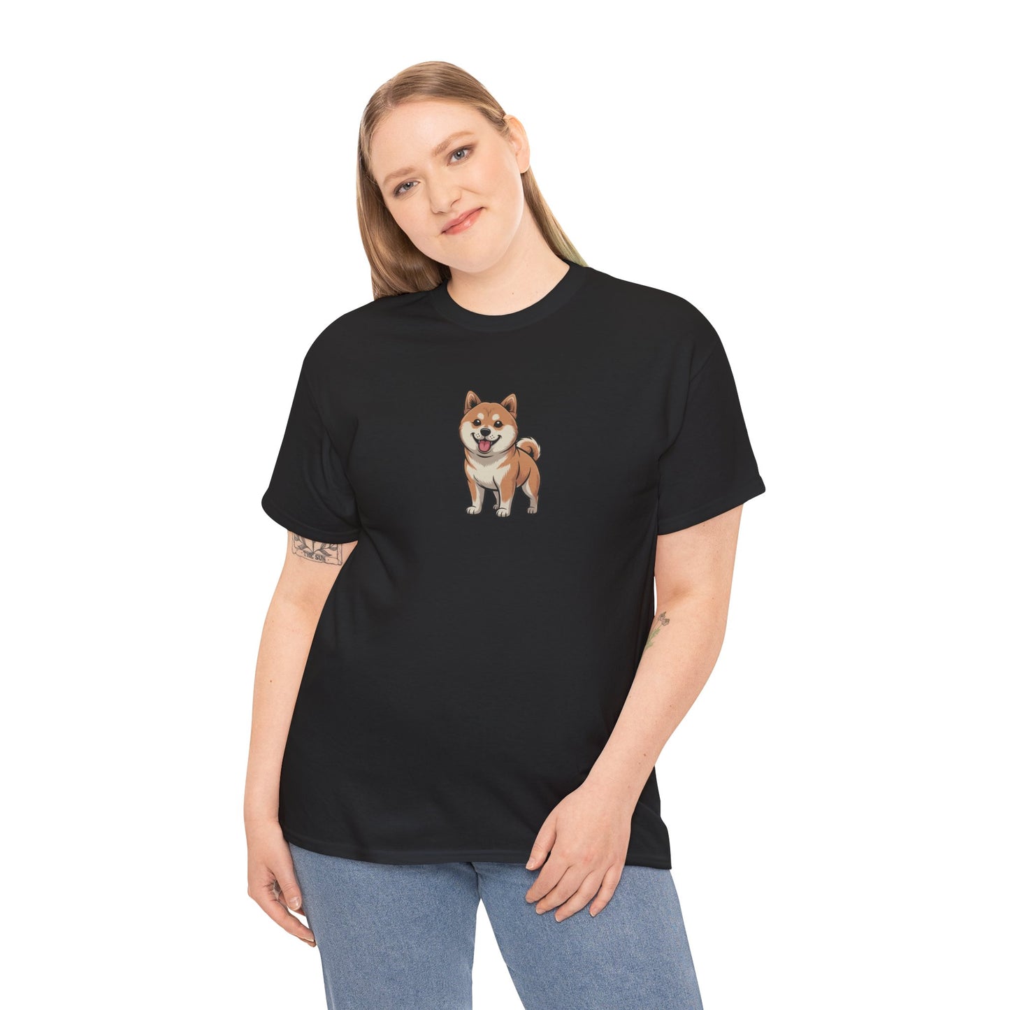Model wearing black Shiba Inu dog graphic t-shirt – cute pet lover tee.