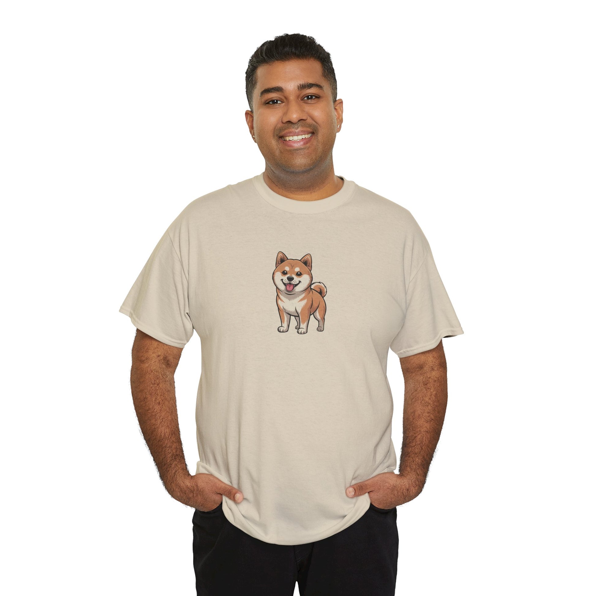 Model wearing cream Shiba Inu dog graphic t-shirt – cute novelty pet tee.