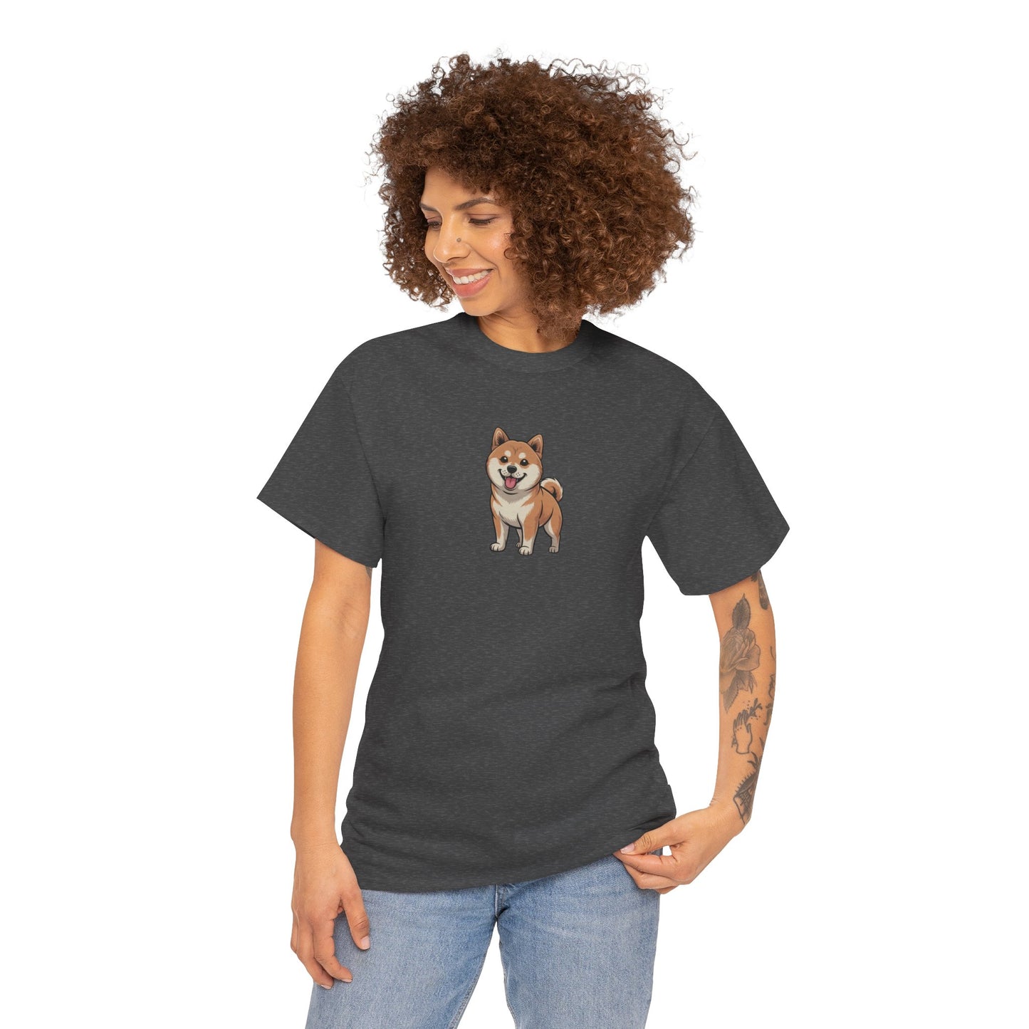 Model wearing dark grey Shiba Inu dog graphic t-shirt – cute pet lover tee.