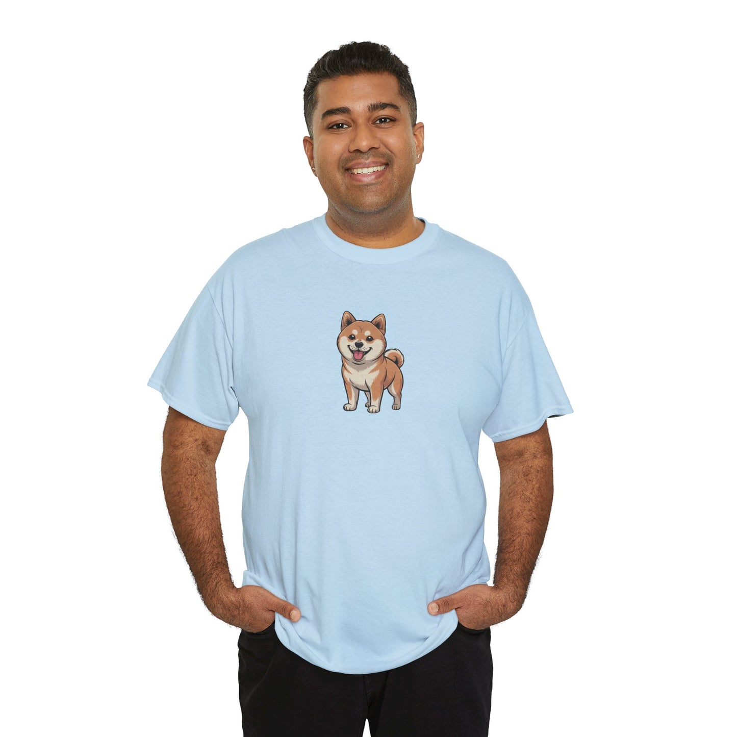 Model wearing light blue Shiba Inu dog graphic t-shirt – cute pet lover tee.