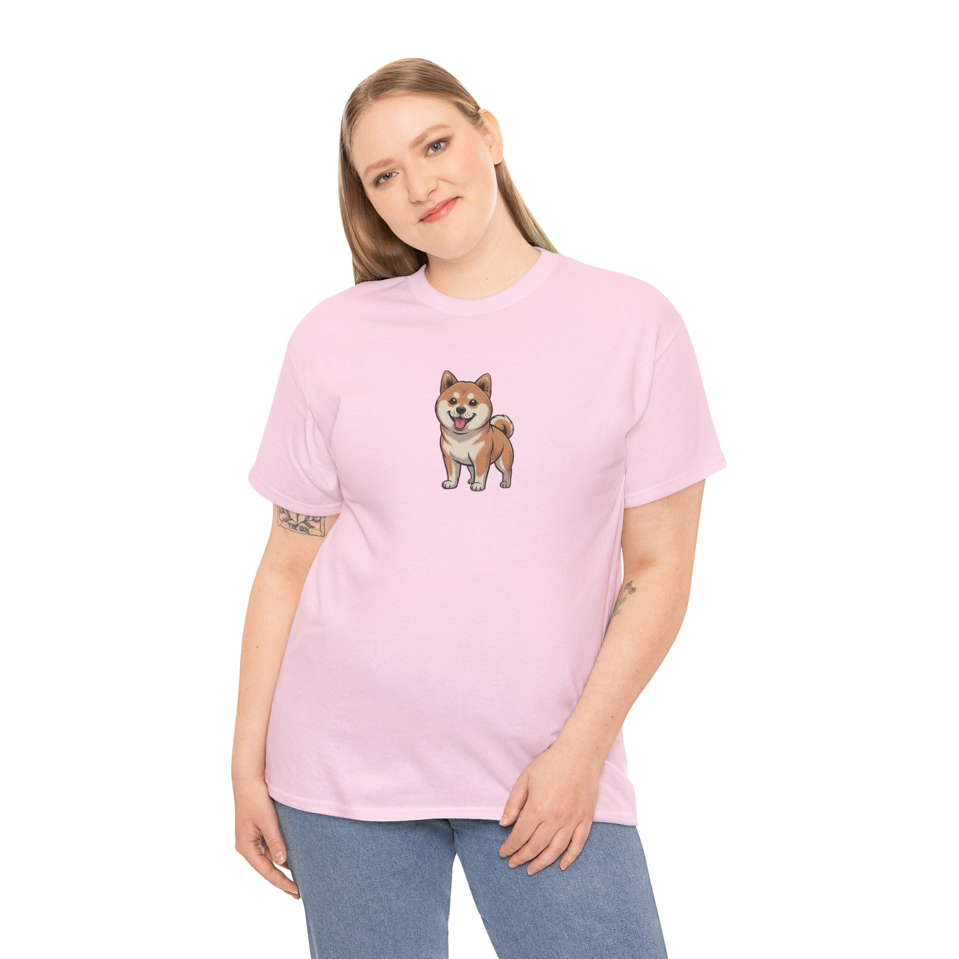 Model wearing pink Shiba Inu dog graphic t-shirt – cute pet parody tee.