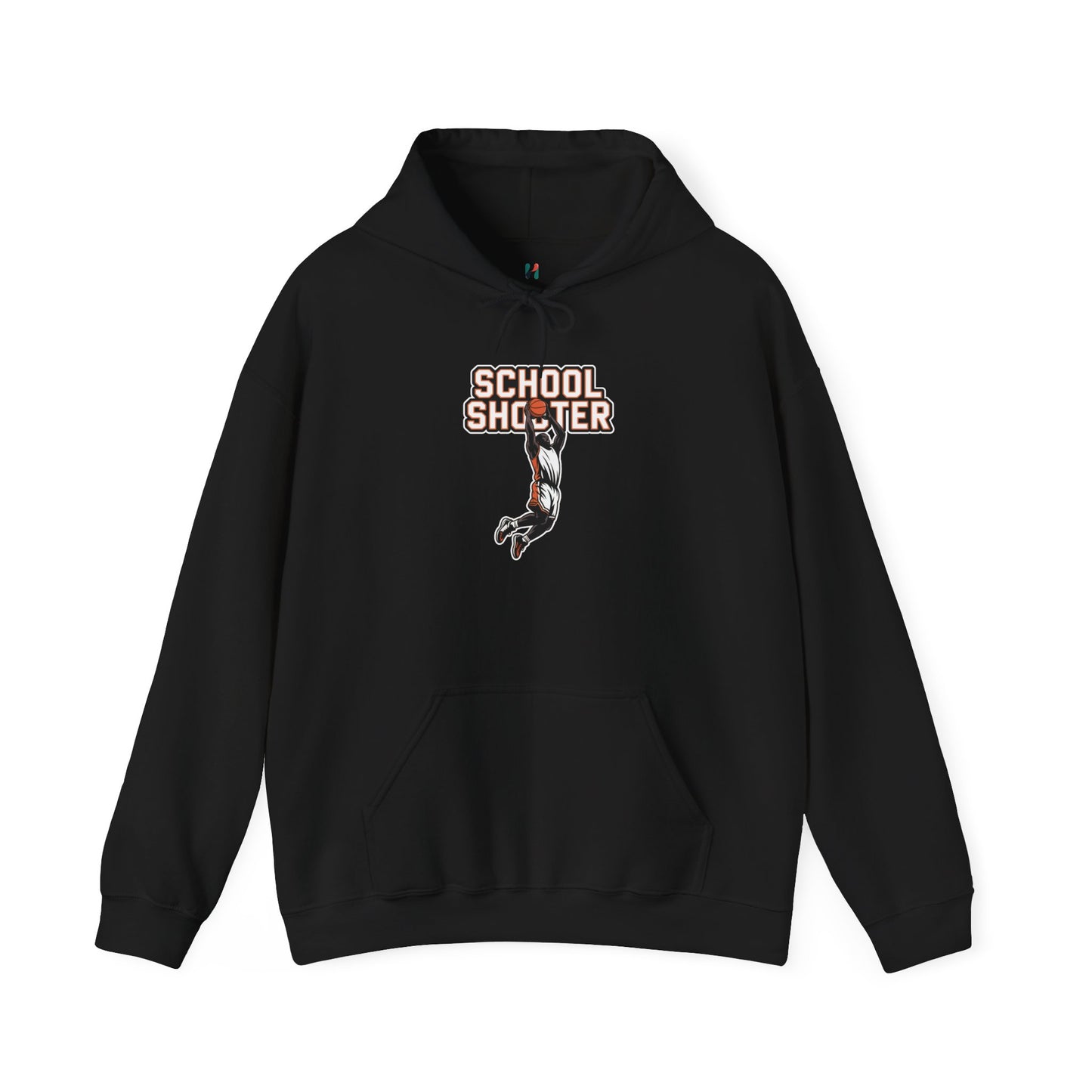 Flat lay of black Varsity Shooter hoodie – novelty sports parody sweatshirt
