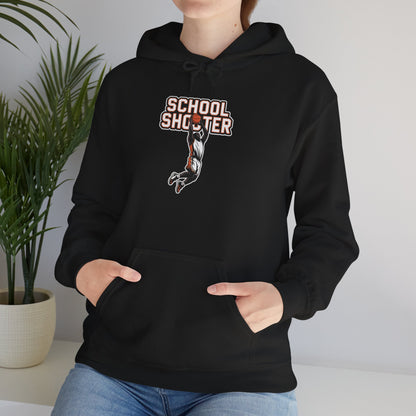 Model leaning against bench wearing black Varsity Shooter hoodie – casual funny varsity parody sweatshirt