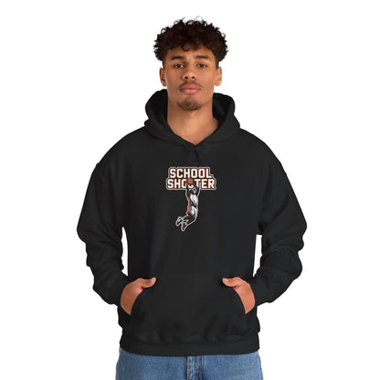 Model wearing black Varsity Shooter hoodie – funny sports parody sweatshirt