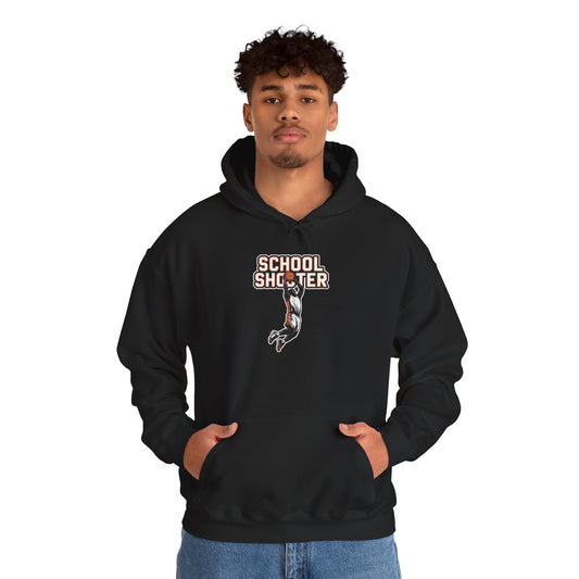 Model wearing black Varsity Shooter hoodie – funny sports parody sweatshirt