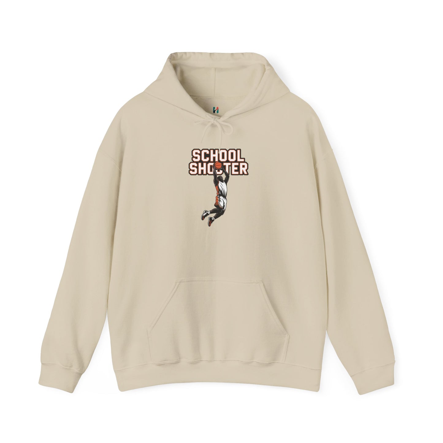 Flat lay of cream Varsity Shooter hoodie – novelty sports parody sweatshirt