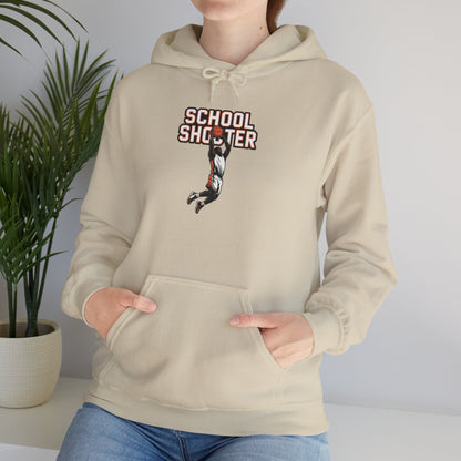 Model leaning against bench wearing cream Varsity Shooter hoodie – casual funny varsity parody sweatshirt