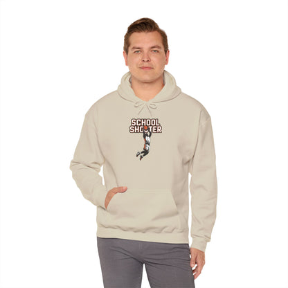 Model wearing cream Varsity Shooter hoodie – funny sports parody sweatshirt