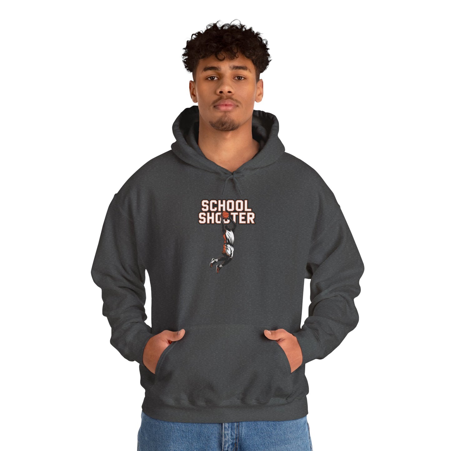 Model wearing dark grey Varsity Shooter hoodie – funny sports parody sweatshirt
