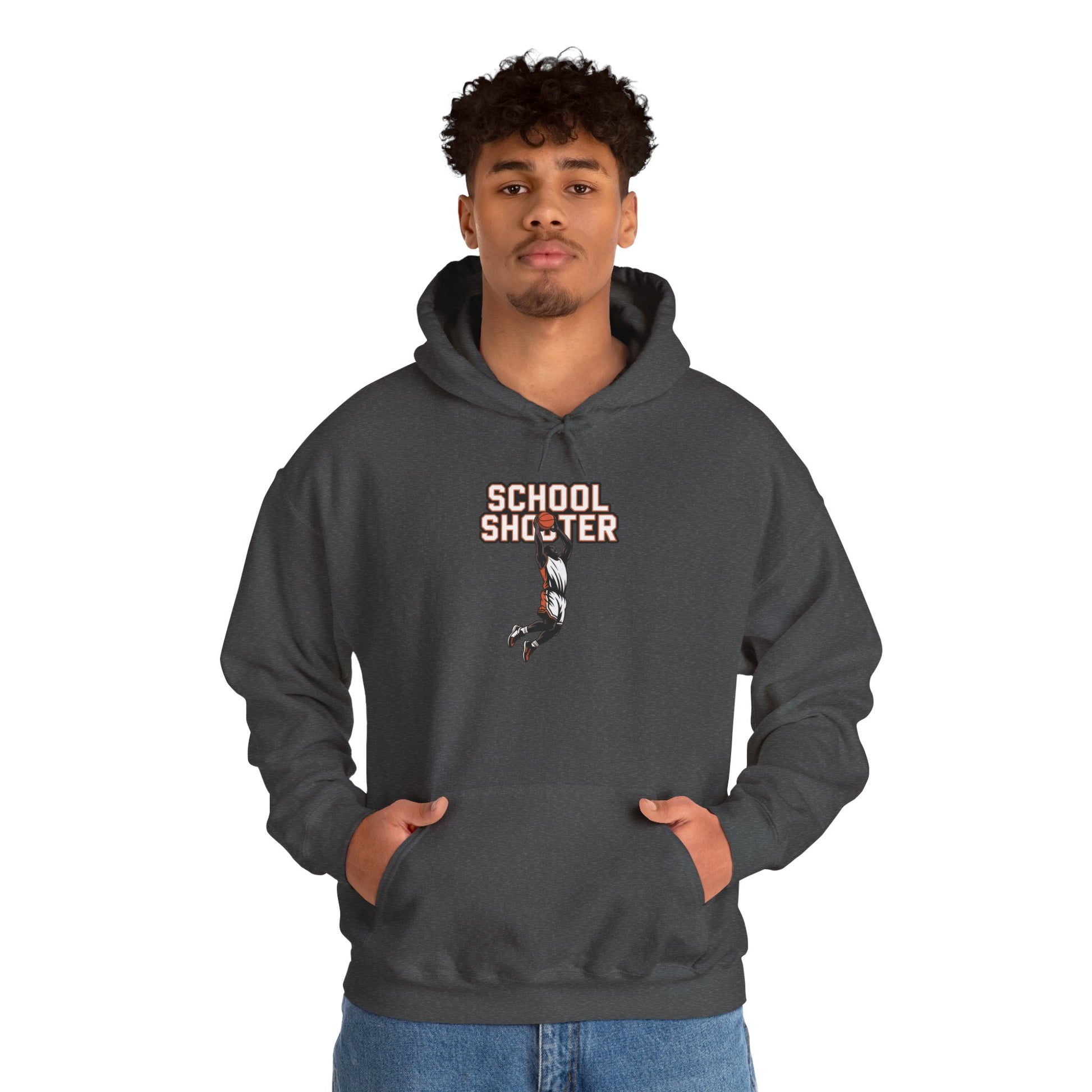 Model wearing dark grey Varsity Shooter hoodie – funny sports parody sweatshirt