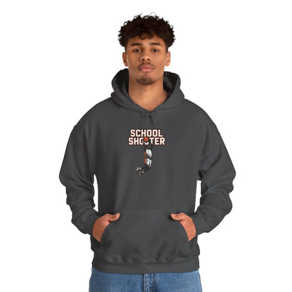 Model wearing dark grey Varsity Shooter hoodie – funny sports parody sweatshirt