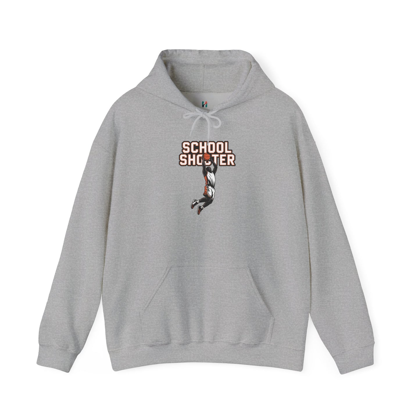 Flat lay of grey Varsity Shooter hoodie – novelty sports parody sweatshirt
