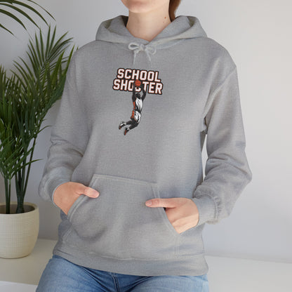 Model leaning against bench wearing grey Varsity Shooter hoodie – casual funny sports parody sweatshirt