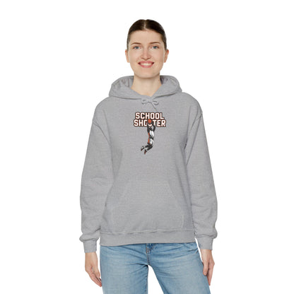 Model wearing grey Varsity Shooter hoodie – funny sports parody sweatshirt