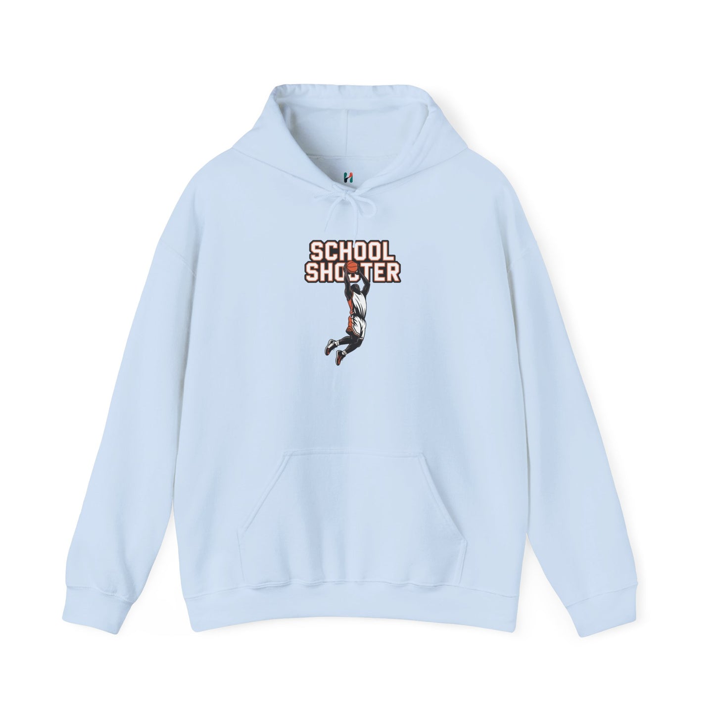 Flat lay of light blue Varsity Shooter hoodie – novelty sports parody sweatshirt