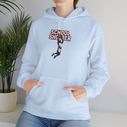 Model leaning against bench wearing light blue Varsity Shooter hoodie – casual novelty varsity parody sweatshirt