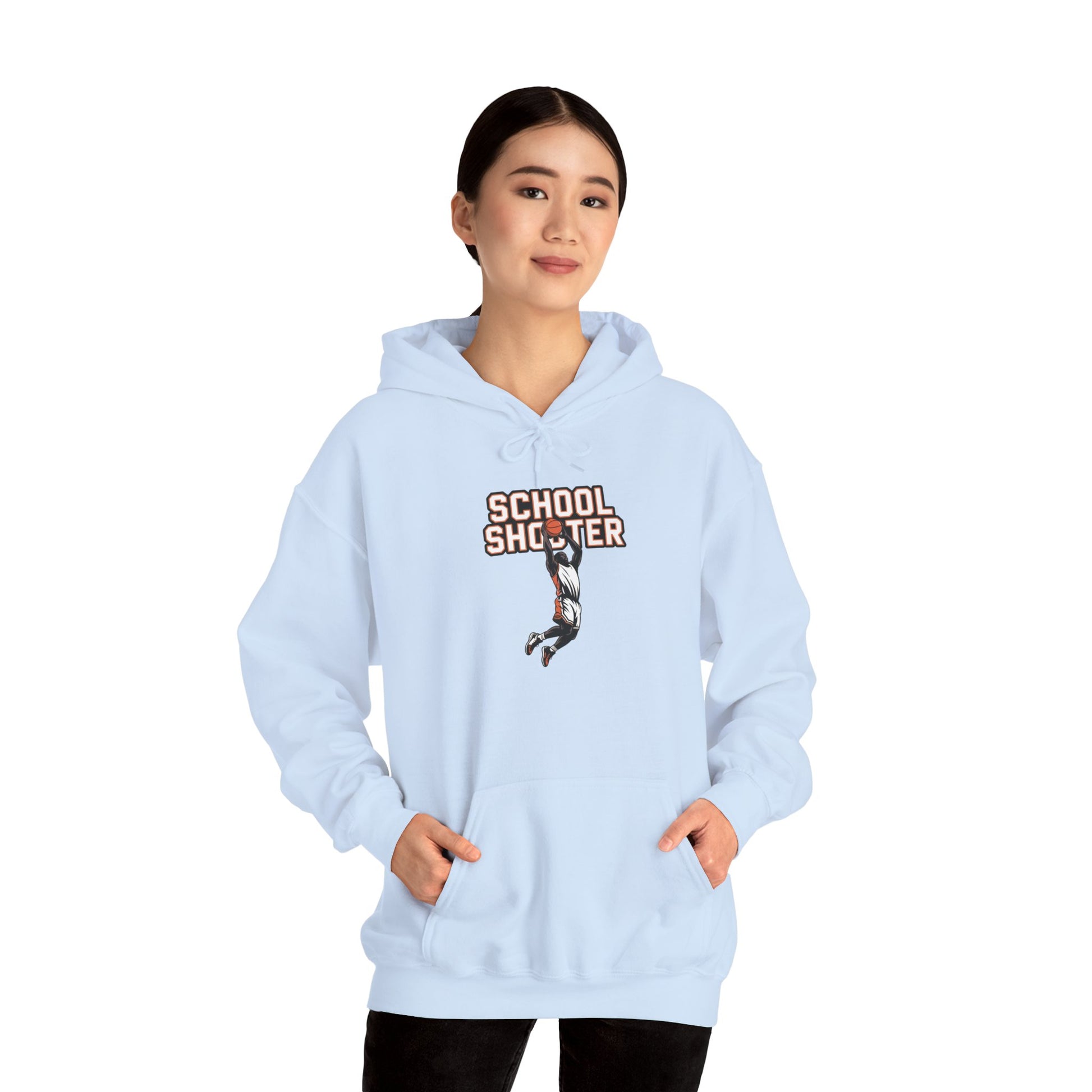 Model wearing light blue Varsity Shooter hoodie – funny sports parody sweatshirt
