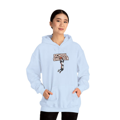 Model wearing light blue Varsity Shooter hoodie – funny sports parody sweatshirt