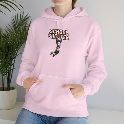 Model leaning against bench wearing pink Varsity Shooter hoodie – casual novelty athlete parody sweatshirt