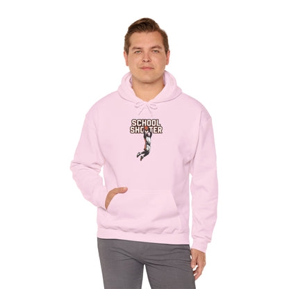 Model wearing pink Varsity Shooter hoodie – funny sports parody sweatshirt