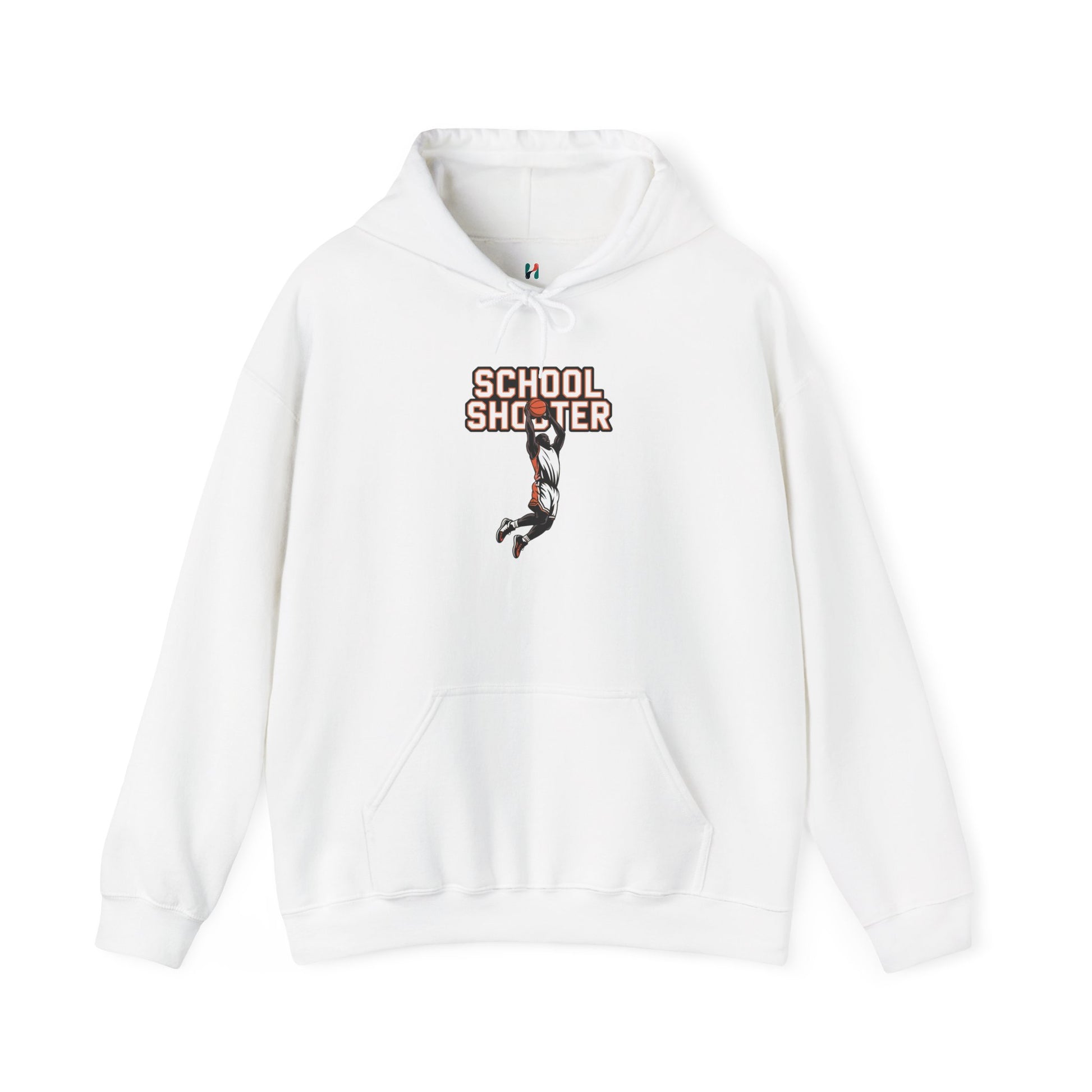 Flat lay of white Varsity Shooter hoodie – novelty sports parody sweatshirt