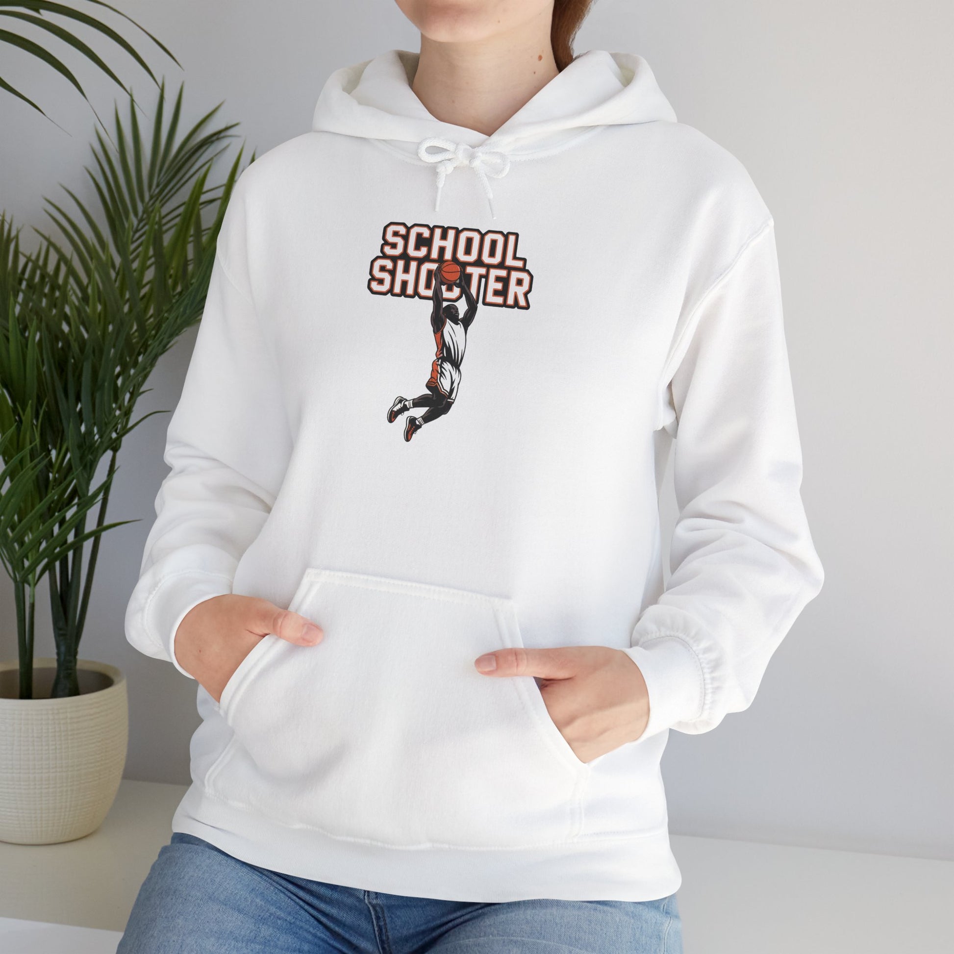 Model leaning against bench wearing white Varsity Shooter hoodie – casual funny athlete parody sweatshirt