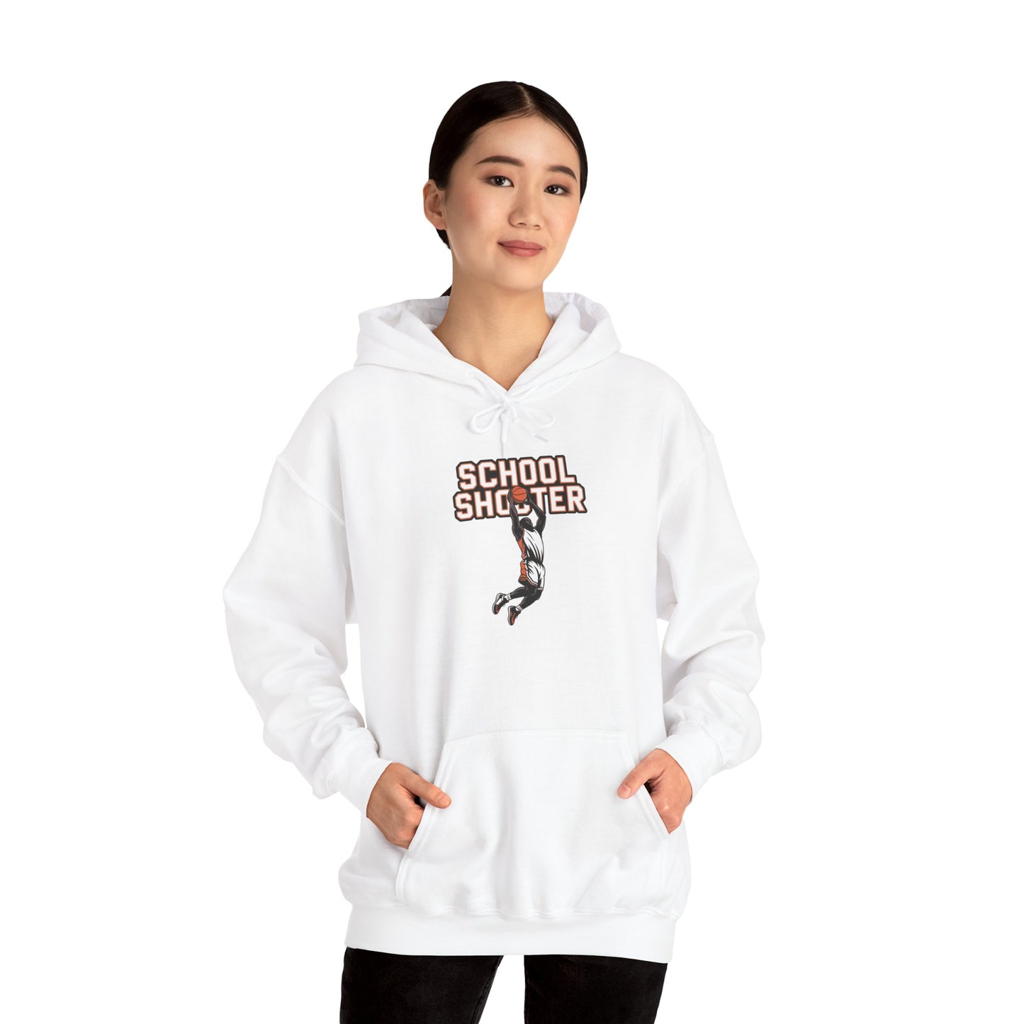 Model wearing white Varsity Shooter hoodie – funny sports parody sweatshirt