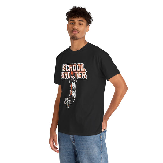 Model wearing black Varsity Shooter t-shirt – funny sports parody graphic tee.