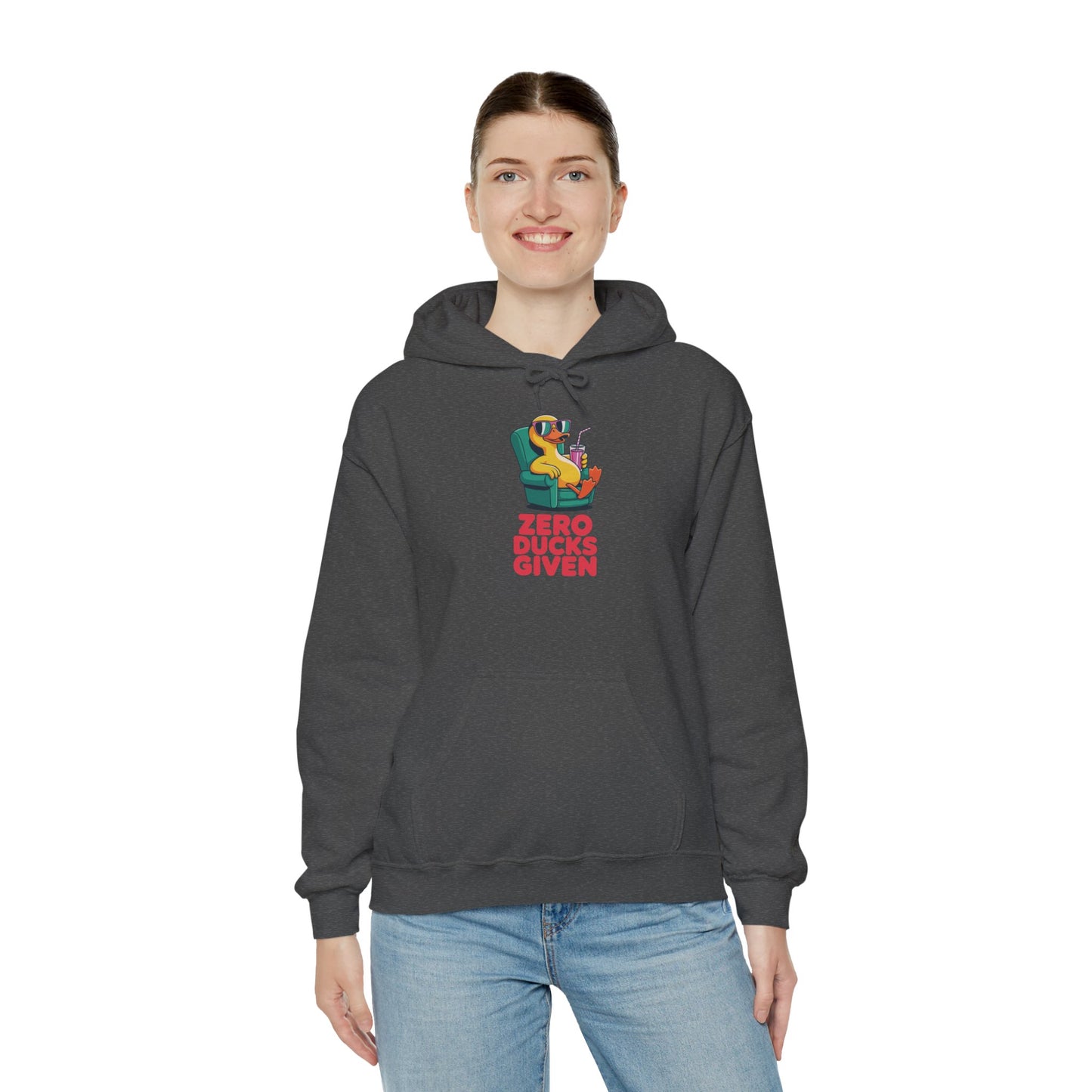 Model wearing dark grey Zero Ducks Given hoodie – funny duck meme sweatshirt