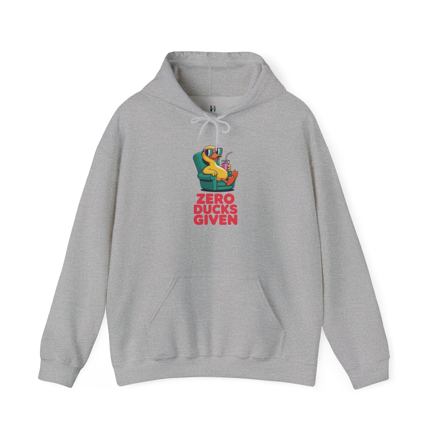 Flat lay of grey Zero Ducks Given hoodie – novelty funny meme sweatshirt